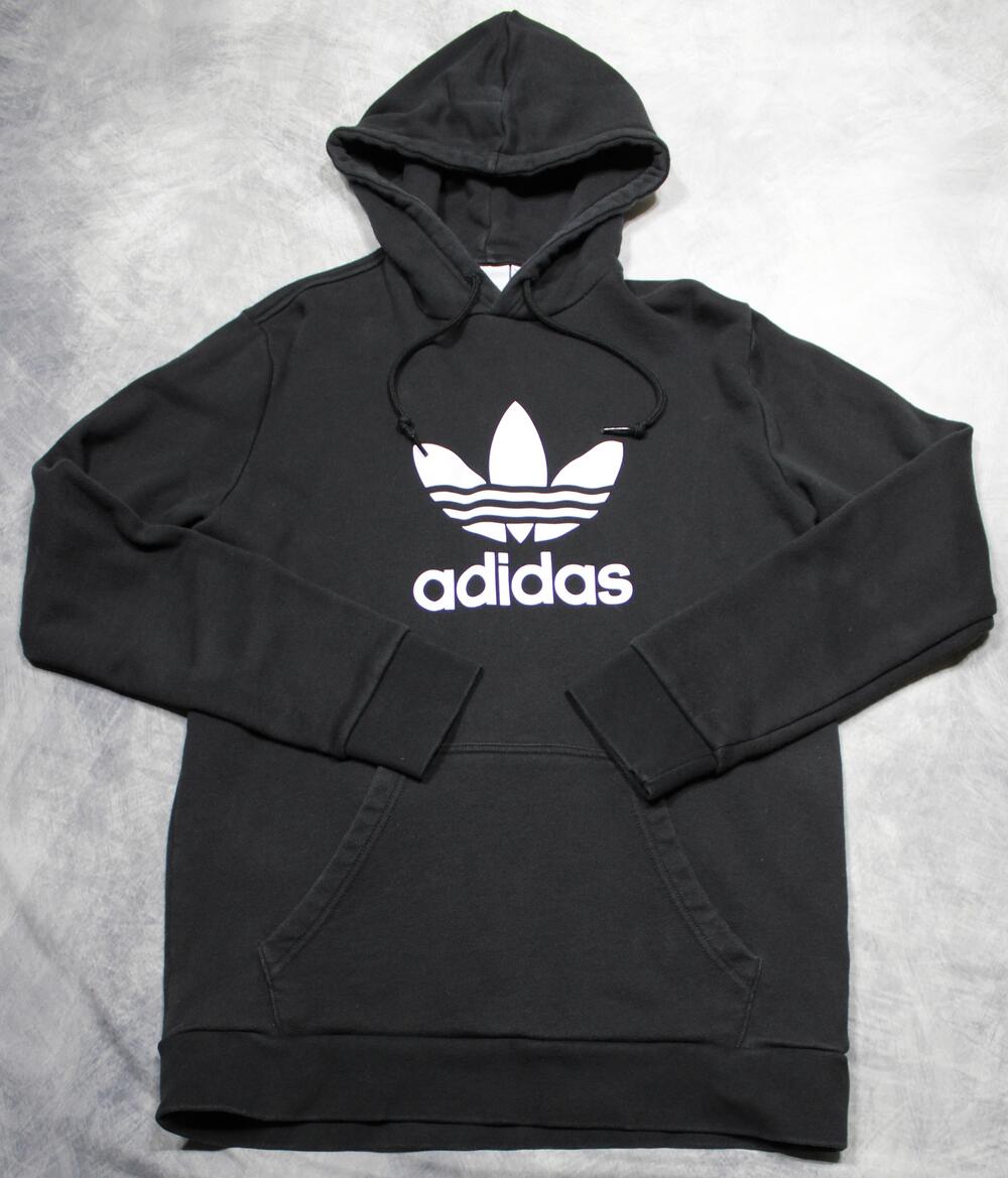 Adidas Originals Hoodie Mens Medium Black Fleece Pullover Trefoil Logo Graphic